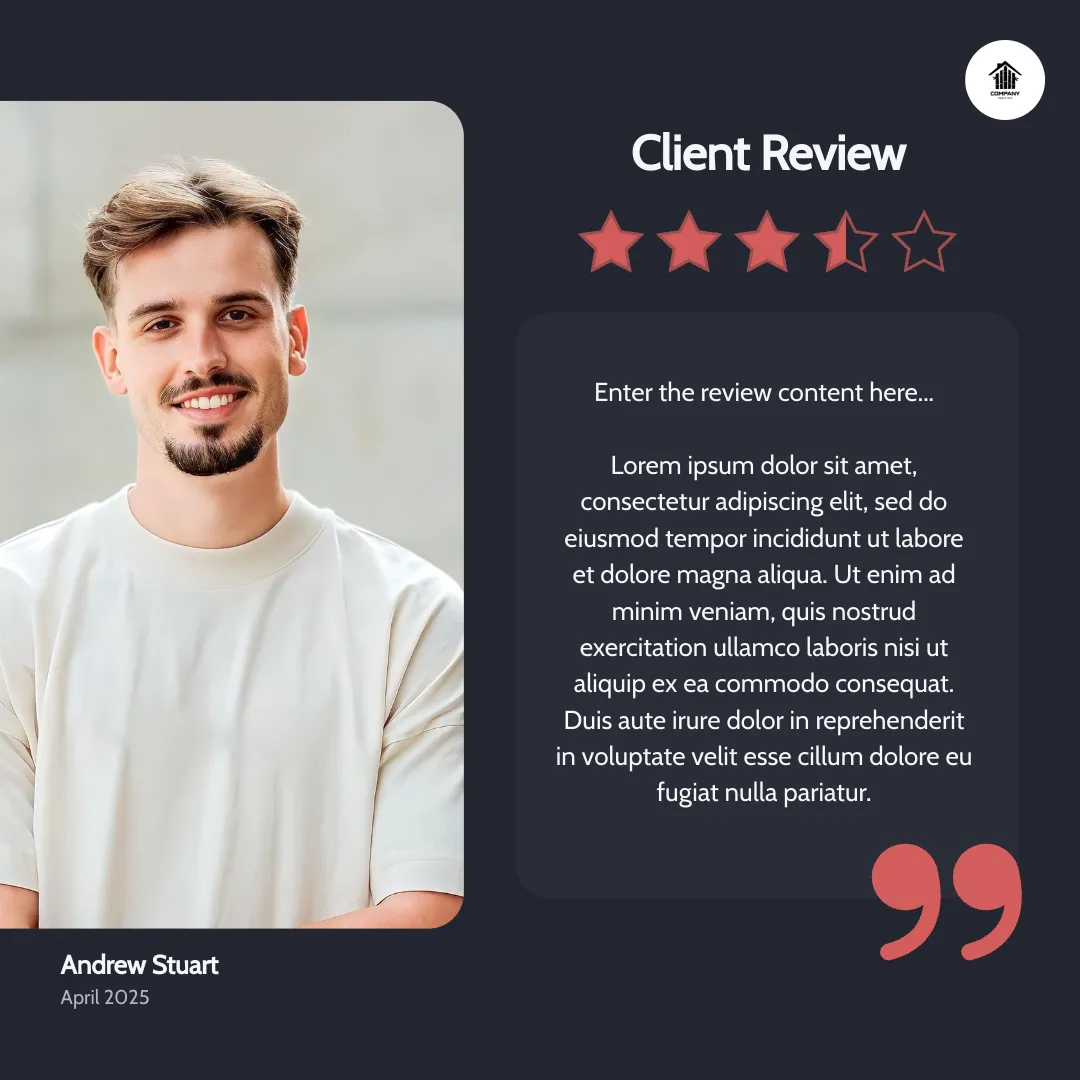 Example of a square review image with sober colors and review content